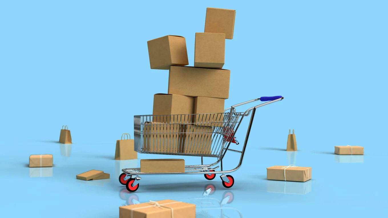 A stack of cardboard boxes against a blue background.